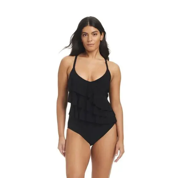 Beyond Control Swimwear Ruffle Black Solid One Piece Swimsuit NWOT 16 $139 - Picture 2 of 6